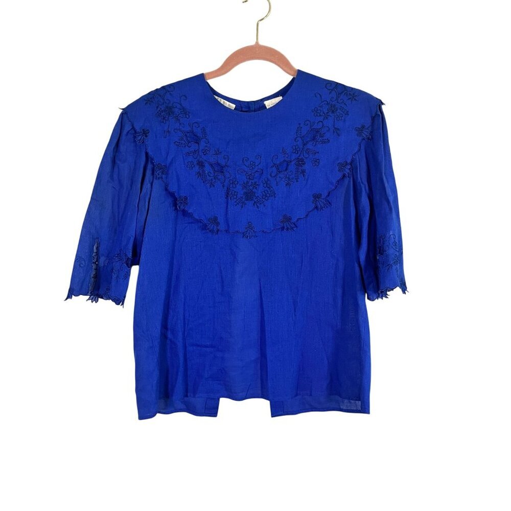 Vintage Linen Floral Eyelet Embroidery Top Blue 10 Scalloped 80s Retro Indie 90s